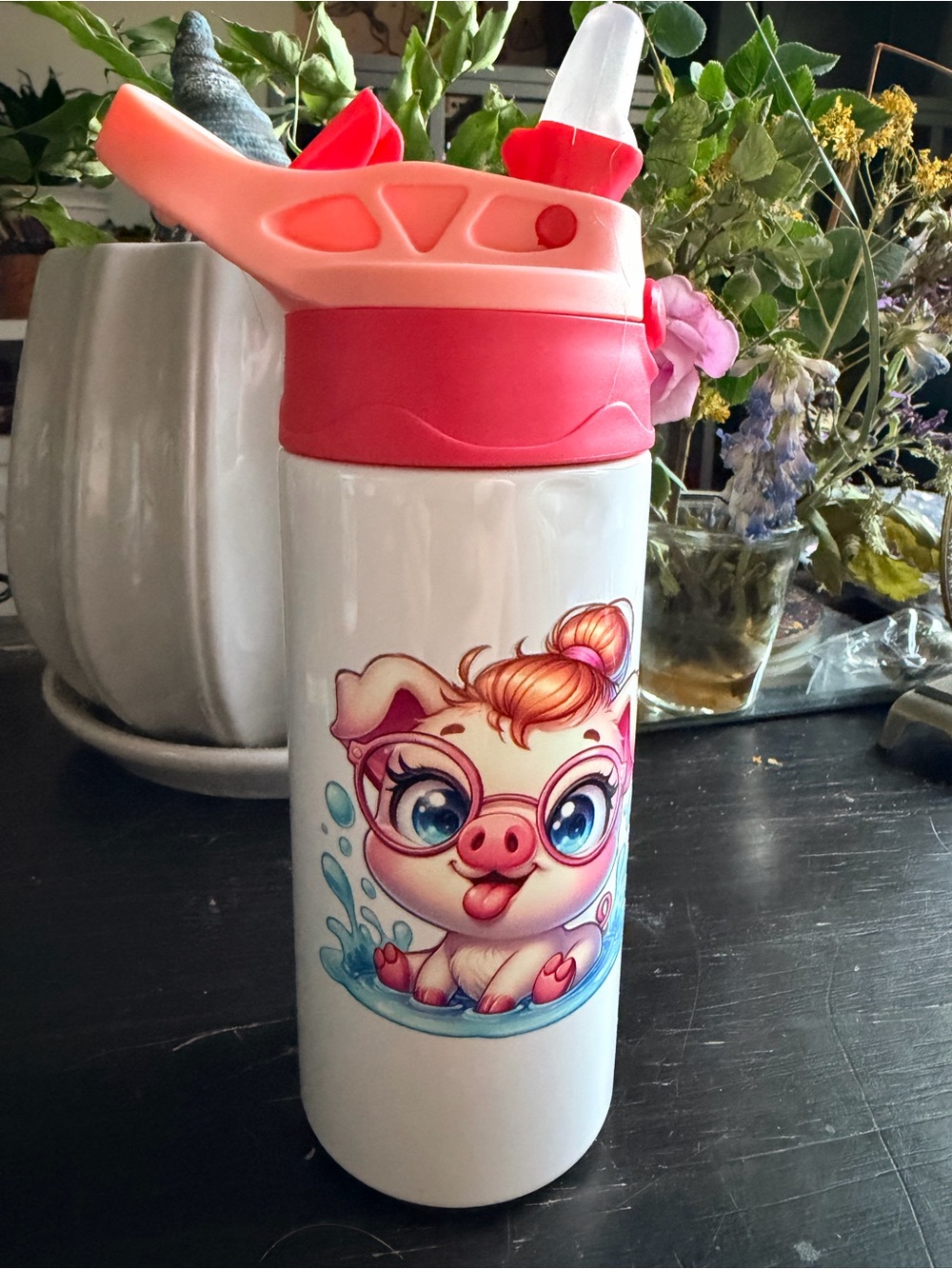 Kids Tumbler Baby Pink Pig Stainless Steel Water Bottle Handmade NOT Vinyl